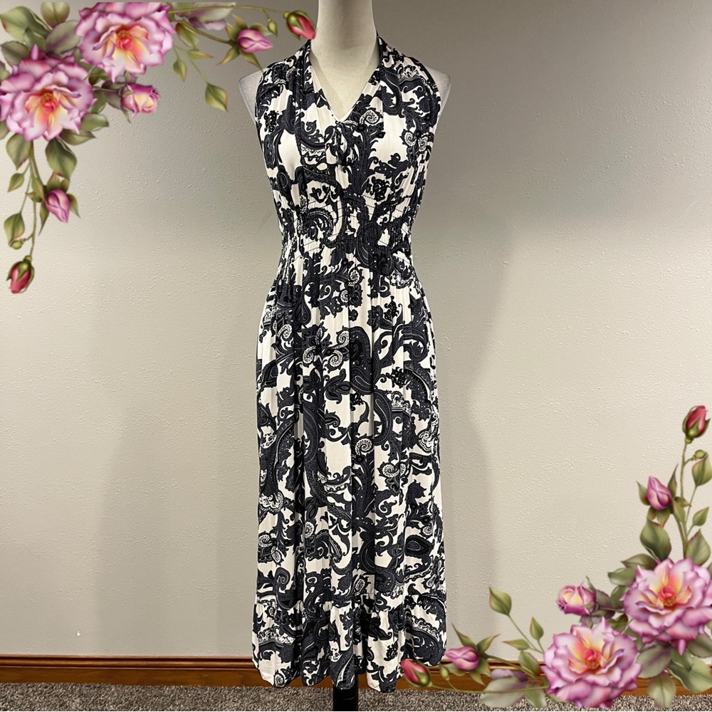 Paisley print blue grey Sleeveless midi‎ Dress
